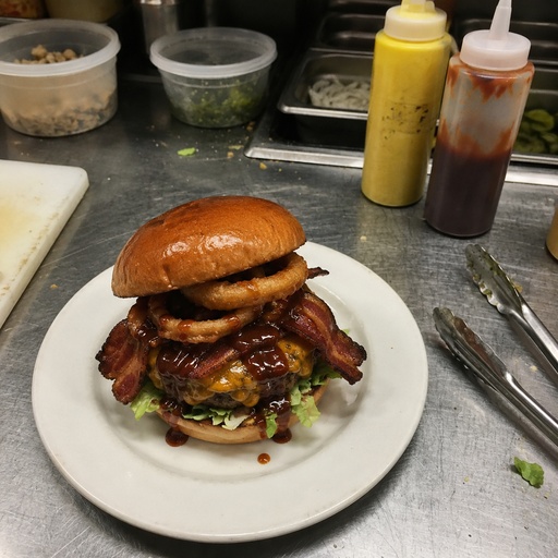 A burger as a raw phone photo, before retouching