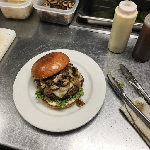 A burger as a raw phone photo, before retouching